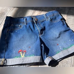 Denim Cotten blend repurposed hand painted short. With mushrooms!!